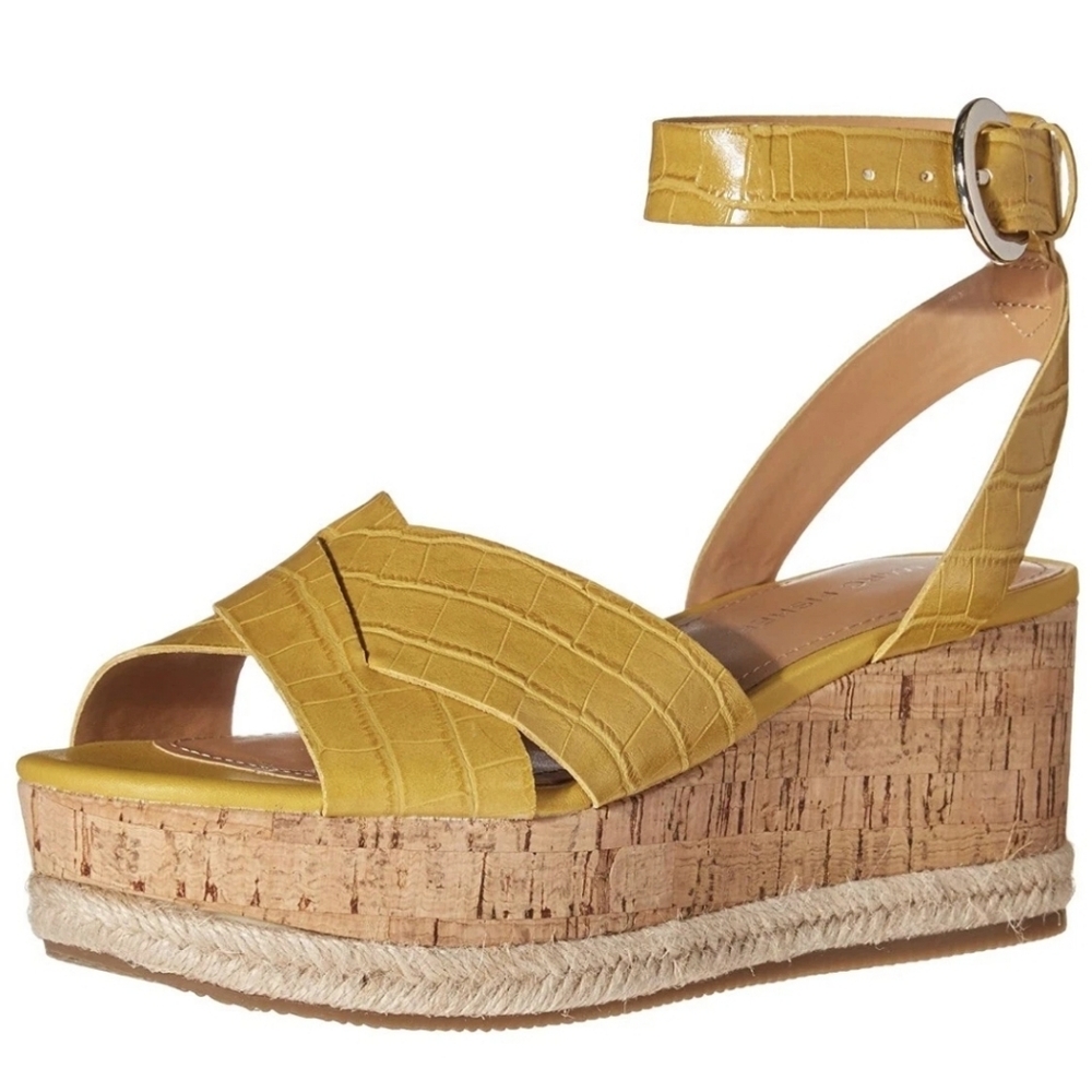 MARC FISHER Croco Leather Platform Espadrille Yellow Wedges Women's 8.5 NWT